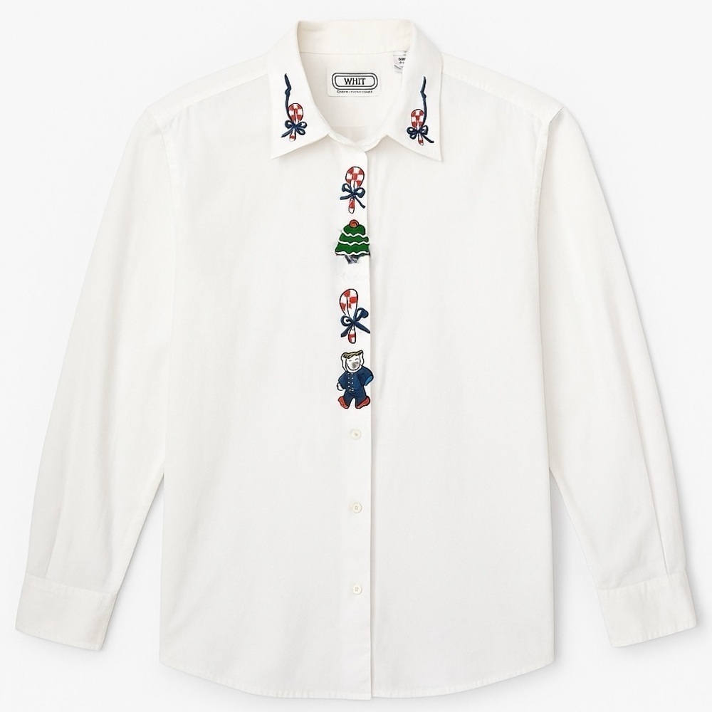 White Embroidered Holiday Button Down Shirt